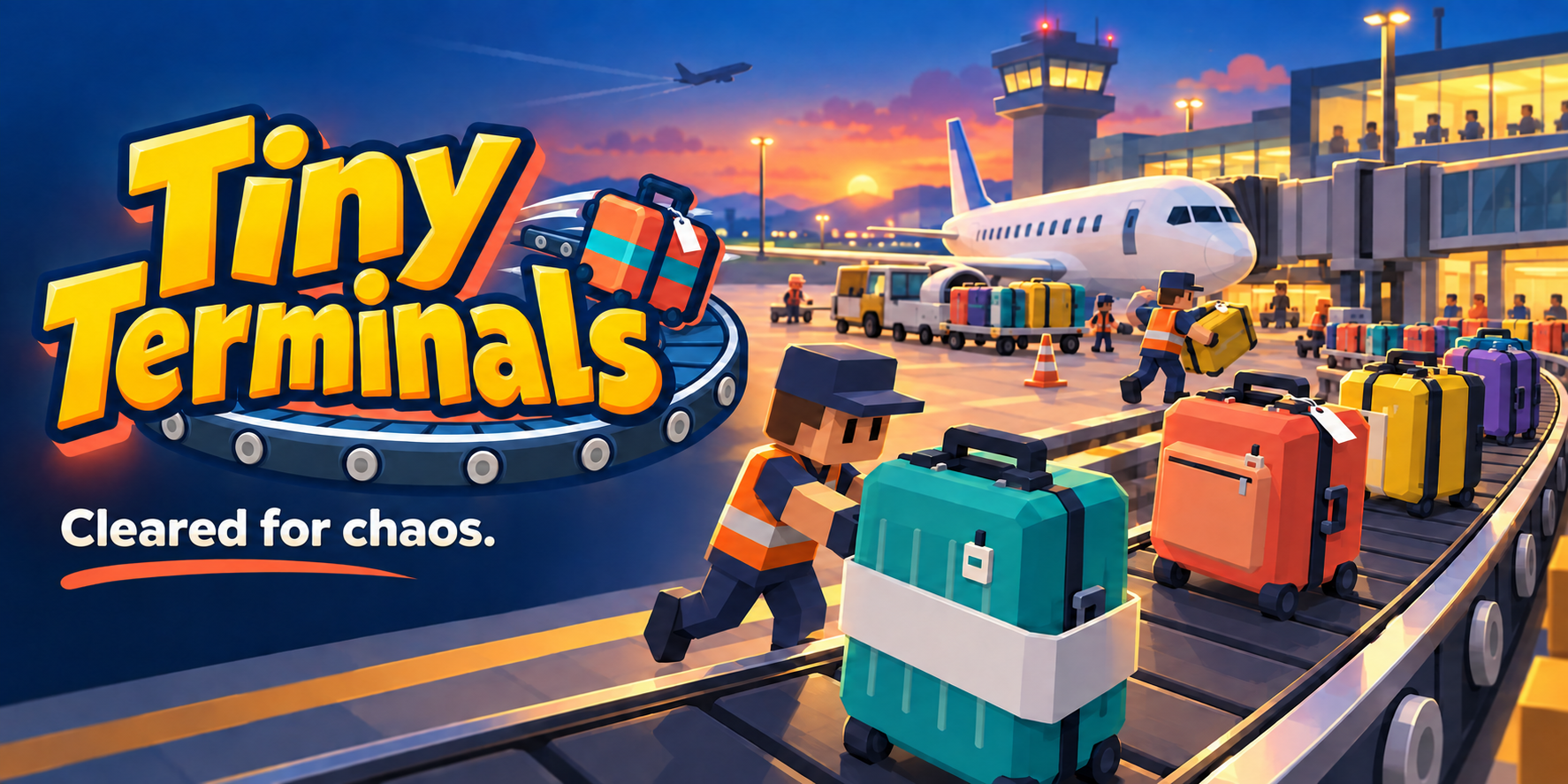 Tiny Terminals — Cleared for chaos. Colourful suitcases crowd a conveyor while ground crew race to load a plane at sunset.