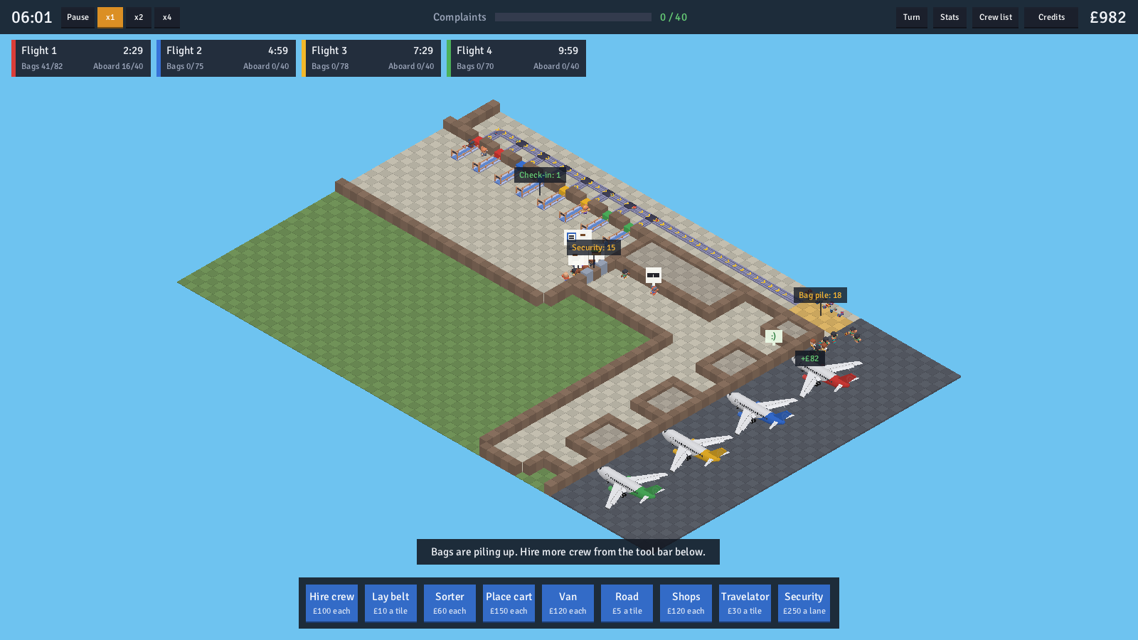 Actual Tiny Terminals gameplay: an isometric airport with check-in desks, conveyors, ground crew and four aircraft waiting at their stands.